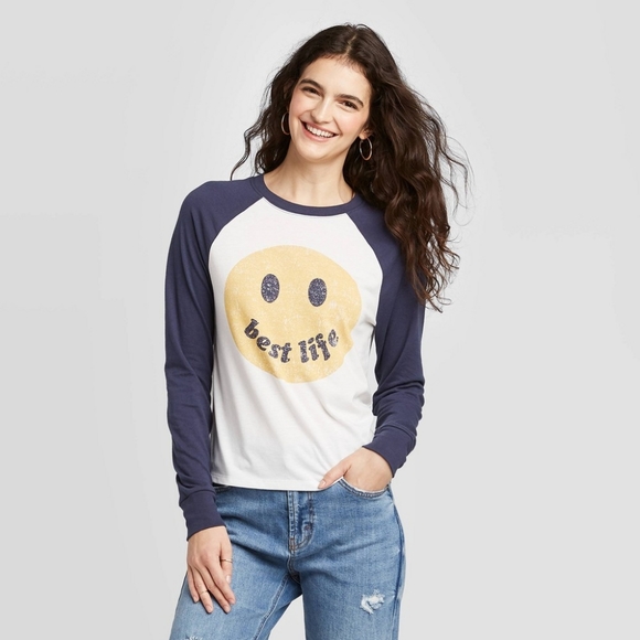 Women's Smiley Face Best Life Long Sleeve Graphic T-Shirt - Zoe+Liv (Juniors') - Picture 1 of 5